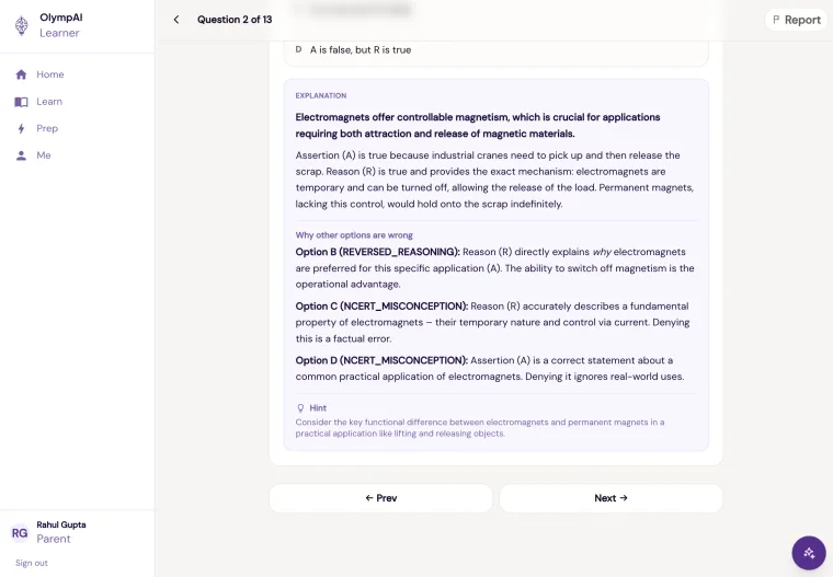 Explanation screen showing why other options are wrong